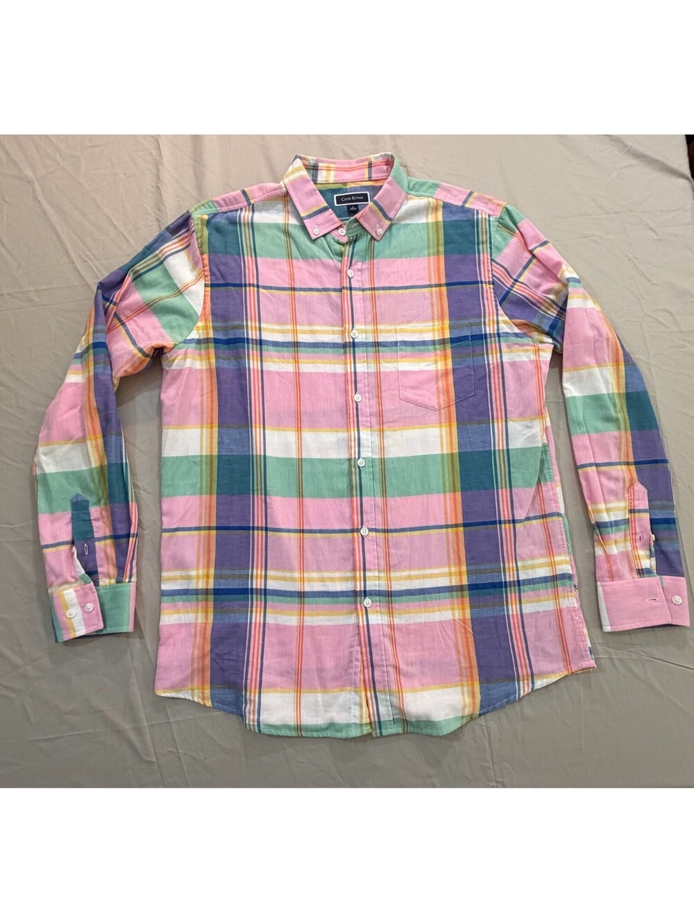 Club Room Men’s L Pastel Madras Plaid Cotton Long Sleeve Button Down Shirt